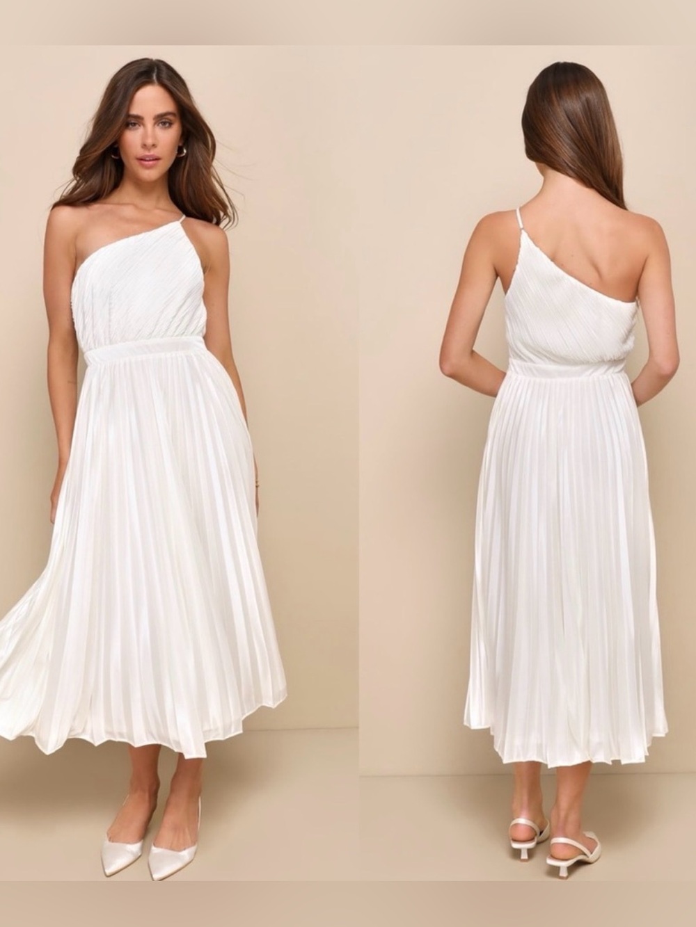 Lulus | Alluring Marvel Ivory Pleated Satin One-Shoulder Midi Dress